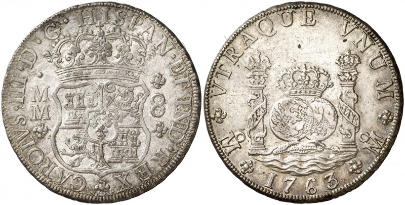1763/2. Carlos III. México. MM. 8 reales. (Cal. 893 var). 26,98 g. Columnario. B...