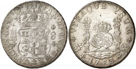1763/2. Carlos III. México. MM. 8 reales. (Cal. 893 var). 26,98 g. Columnario. Bella. Parte de brillo original. Escasa y más así. EBC+/EBC.