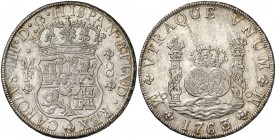 1763/2. Carlos III. México. MF. 8 reales. (Cal. 895). 27,01 g. Columnario. Bella. Parte de brillo original. Escasa así. EBC.