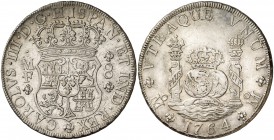 1764. Carlos III. México. MF. 8 reales. (Cal. 899). 27,22 g. Columnario. Rayita en reverso. Bella. Parte de brillo original. EBC+/EBC.
