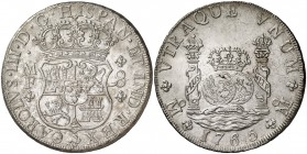 1765. Carlos III. México. MF. 8 reales. (Cal. 901). 27,16 g. Columnario. Bella. Brillo original. Escasa así. EBC+.