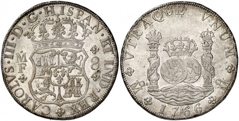 1766. Carlos III. México. MF. 8 reales. (Cal. 904). 26,92 g. Columnario. Muy bel...