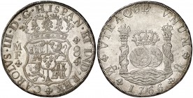 1766. Carlos III. México. MF. 8 reales. (Cal. 904). 26,92 g. Columnario. Muy bella. Brillo original. Rara así. S/C-.