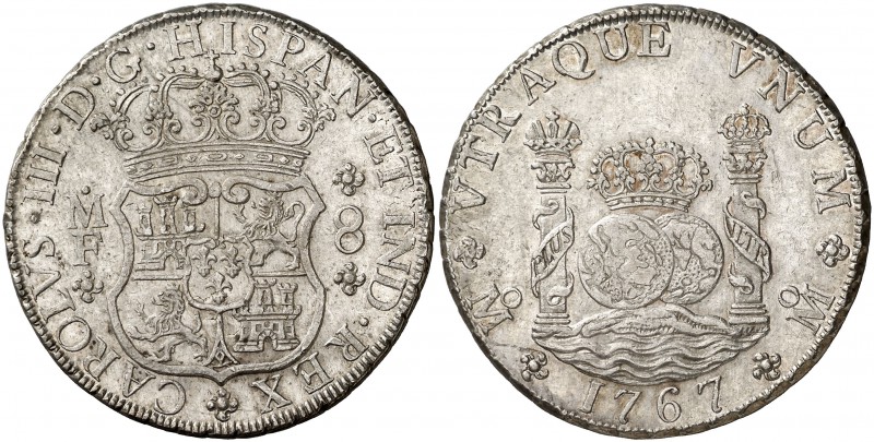 1767. Carlos III. México. MF. 8 reales. (Cal. 906). 26,92 g. Columnario. Muy bel...