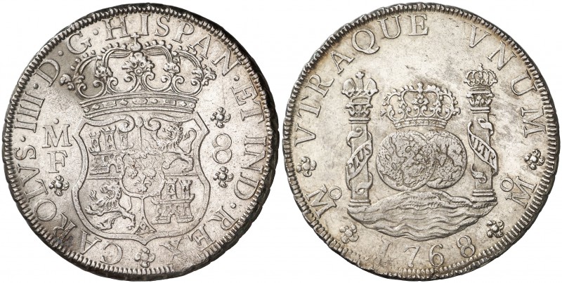 1768. Carlos III. México. MF. 8 reales. (Cal. 908). 26,92 g. Columnario. Bella. ...
