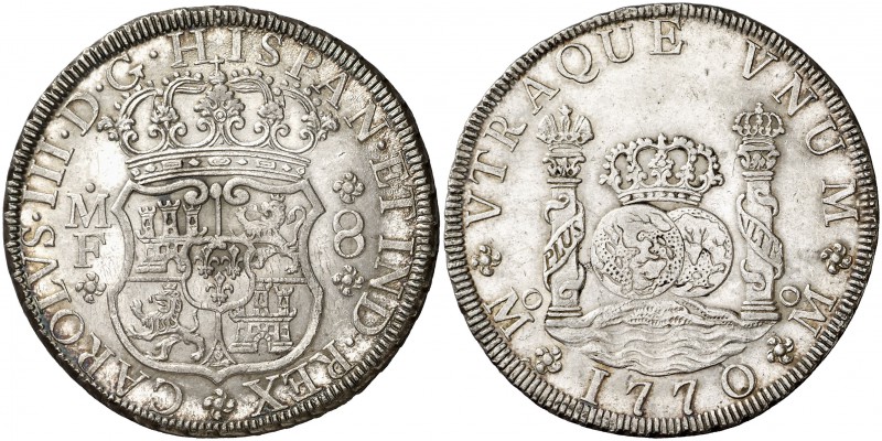 1770. Carlos III. México. MF. 8 reales. (Cal. 910). 26,95 g. Columnario. Bella. ...