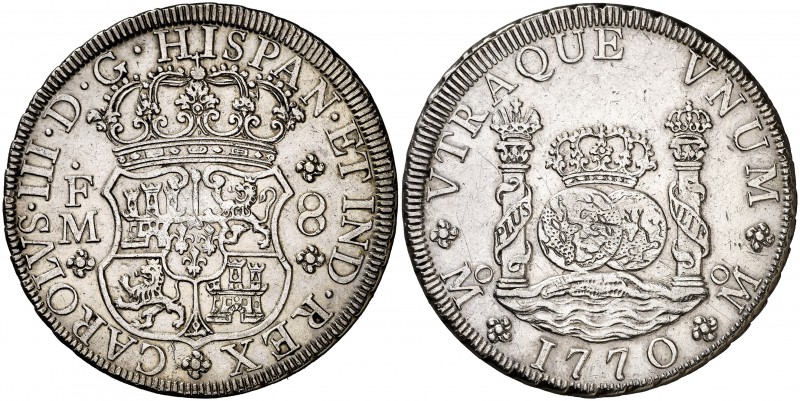 1770. Carlos III. México. FM. 8 reales. (Cal. 912). 26,73 g. Columnario. Leves r...