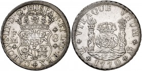 1770. Carlos III. México. FM. 8 reales. (Cal. 912). 26,73 g. Columnario. Leves rayitas. Limpiada. Ex Áureo 21/06/2007, nº 409. MBC+.