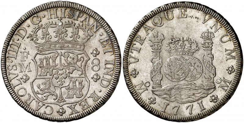 1771. Carlos III. México. FM. 8 reales. (Cal. 914). 26,86 g. Columnario. Bella. ...