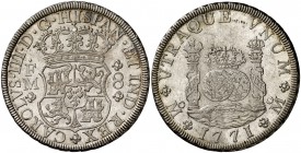 1771. Carlos III. México. FM. 8 reales. (Cal. 914). 26,86 g. Columnario. Bella. Brillo original. Escasa así. EBC+.