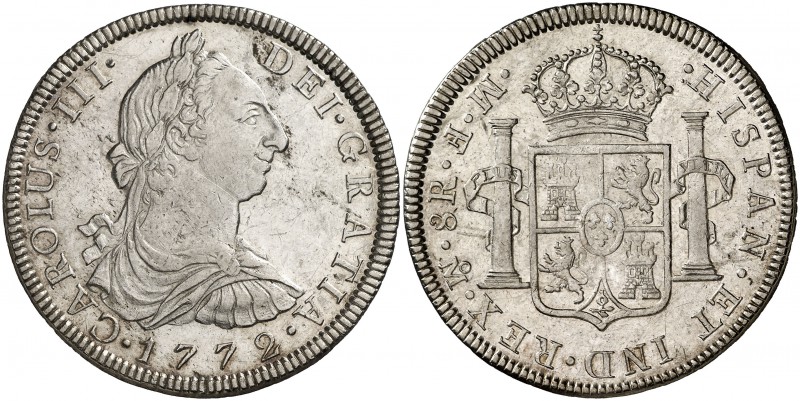 1772. Carlos III. México. MF. 8 reales. (Cal. 915). 26,85 g. Ceca y ensayadores ...