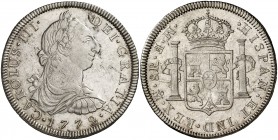 1772. Carlos III. México. MF. 8 reales. (Cal. 915). 26,85 g. Ceca y ensayadores invertidos. Bella. Brillo original. Rara y más así. EBC+.