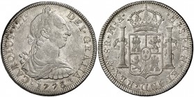 1773. Carlos III. México. FM. 8 reales. (Cal. 917). 26,93 g. Ceca y ensayadores invertidos. Atractiva. EBC.