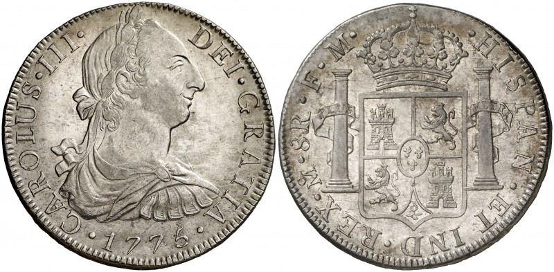 1775. Carlos III. México. FM. 8 reales. (Cal. 920). 26,84 g. Bella. Parte de bri...