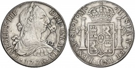 1776. Carlos III. México. FM. 8 reales. (Cal. 921). 25,32 g. Figura indígena burilada a derecha. Muy curiosa. MBC-.