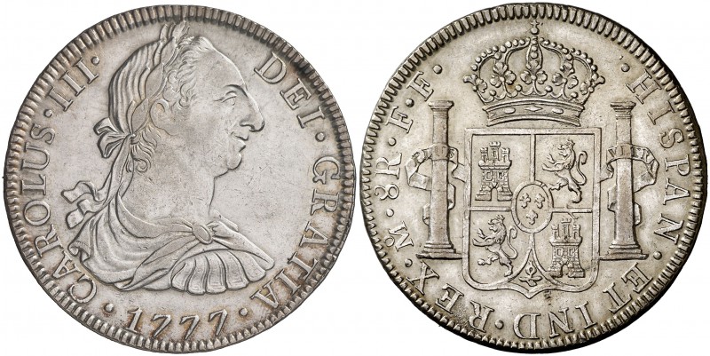 1777. Carlos III. México. FF. 8 reales. (Cal. 924). 26,95 g. Limpiada. Rara. EBC...