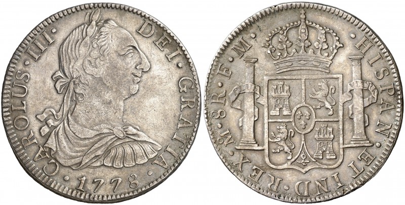 1778. Carlos III. México. FM. 8 reales. (Cal. 927). 26,66 g. Muy rara. MBC.