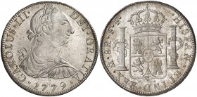 1779. Carlos III. México. FF. 8 reales. (Cal. 929). 26,94 g. Muy bella. Brillo original. Rara así. S/C.