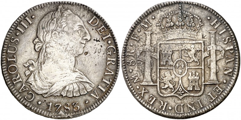1783. Carlos III. México. FM. 8 reales. (Cal. 934). 24,94 g. Pequeños resellos o...