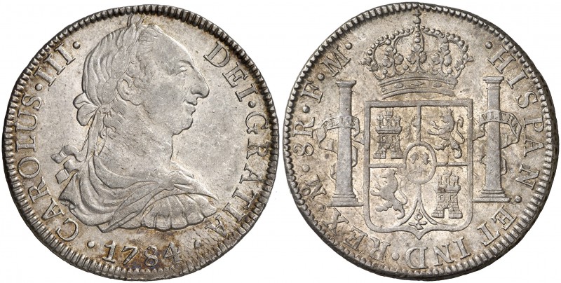 1784. Carlos III. México. FM. 8 reales. (Cal. 936). 26,90 g. Bella. Pátina. EBC....