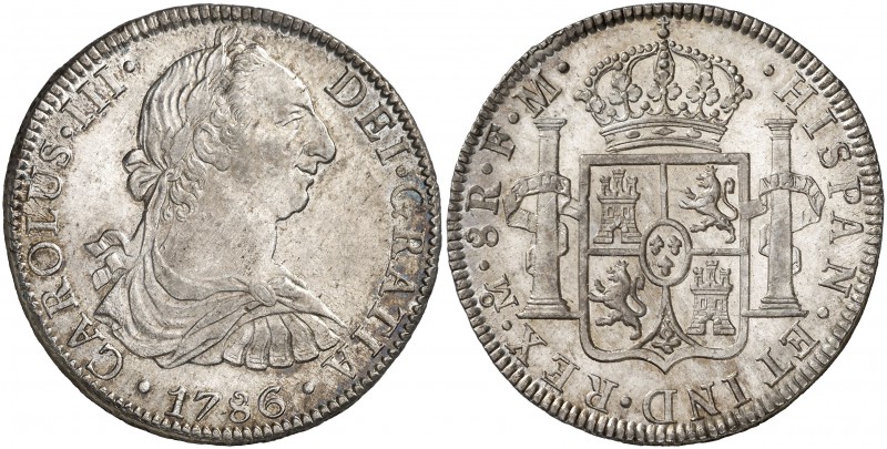 1786. Carlos III. México. FM. 8 reales. (Cal. 939). 26,89 g. Bella. Escasa así. ...
