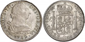 1789. Carlos III. México. FM. 8 reales. (Cal. 944). 26,89 g. Bellísima. Preciosa pátina. Brillo original. Rara y más así. S/C-.