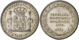 1789. Carlos IV. México. 8 reales. (Cal. 679) (Ha. 161) (Grove 9). 26,89 g. Proclamación con valor. Bella. Rara y más así. S/C-.