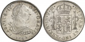 1789. Carlos IV. México. FM. 8 reales. (Cal. 681). 26,92 g. Busto de Carlos III. Ordinal IV. Ligeramente limpiada. Doble acuñación en parte de la leye...