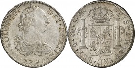 1790. Carlos IV. México. FM. 8 reales. (Cal. 682). 26,85 g. Busto de Carlos III. Ordinal IV. Muy bella. Brillo original. Rara así. EBC+.