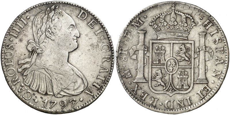 1797. Carlos IV. México. FM. 8 reales. (Cal. 691 var). 25,91 g. Canto especial c...