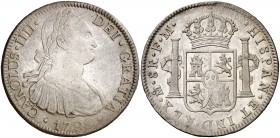 1798. Carlos IV. México. FM. 8 reales. (Cal. 692). 26,99 g. Leves marquitas. Pátina. MBC+/EBC-.