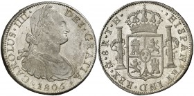 1805. Carlos IV. México. TH. 8 reales. (Cal. 703). 26,88 g. Muy bella. Brillo original. Rara así. S/C.