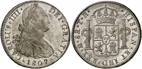 1807. Carlos IV. México. TH. 8 reales. (Cal. 707) 26,94 g. Bella. Brillo original. Ex Áureo & Calicó 13/12/2017, nº 1709. Escasa así. EBC+.