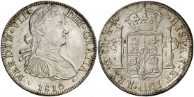 1810. Fernando VII. México. HJ. 8 reales. (Cal. 543). 26,88 g. Busto imaginario. Parte del reverso calcado en el anverso. EBC.
