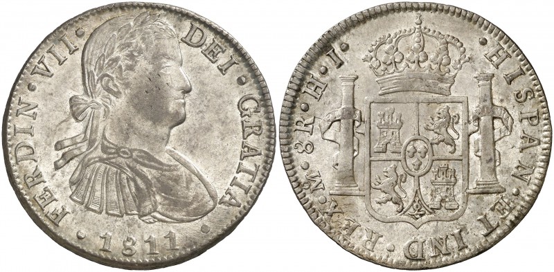 1811. Fernando VII. México. HJ. 8 reales. (Cal. 545). 26,93 g. Busto imaginario....