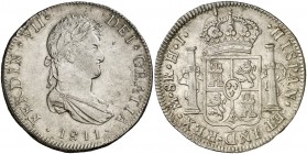 1811. Fernando VII. México. HJ. 8 reales. (Cal. 546). 26,88 g. Primer año de busto laureado. Escasa. EBC.