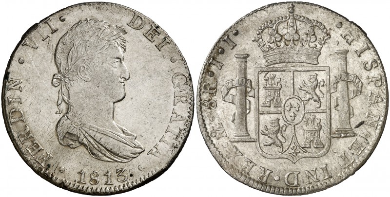 1813. Fernando VII. México. JJ. 8 reales. (Cal. 551). 26,92 g. Leves golpecitos ...