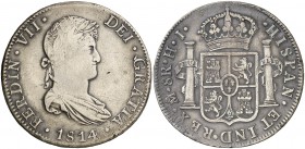 1814/3. Fernando VII. México. HJ. 8 reales. (Cal. 552). 26,77 g. Campo del anverso reparado. Muy rara. (MBC-/MBC).