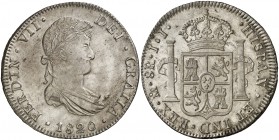 1820. Fernando VII. México. JJ. 8 reales. (Cal. 564). 27 g. Muy bella. Brillo original. Escasa así. EBC+/S/C-.