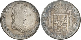1821. Fernando VII. México. JJ. 8 reales. (Cal. 565). 26,95 g. Golpecito. Bella. Pátina. Escasa así. EBC+.
