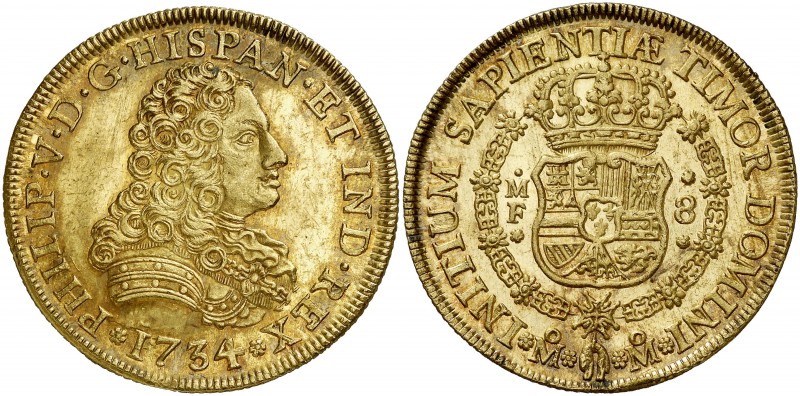 1734. Felipe V. México. MF. 8 escudos. (Cal. 125) (Cal.Onza 425). 26,95 g. Punto...