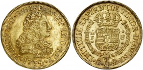 1734. Felipe V. México. MF. 8 escudos. (Cal. 125) (Cal.Onza 425). 26,95 g. Punto encima del ensayador. Muy bella. Precioso color. Brillo original. Muy...