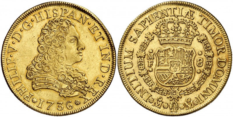 1736. Felipe V. México. MF. 8 escudos. (Cal. 128) (Cal.Onza 429). 26,92 g. Floró...
