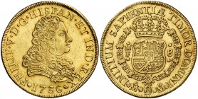 1736. Felipe V. México. MF. 8 escudos. (Cal. 128) (Cal.Onza 429). 26,92 g. Florón encima del ensayador. Limpiada. Rara. MBC+.