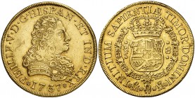 1737. Felipe V. México. MF. 8 escudos. (Cal. 130) (Cal.Onza 432). 26,89 g. Leves rayitas. Muy rara. MBC.