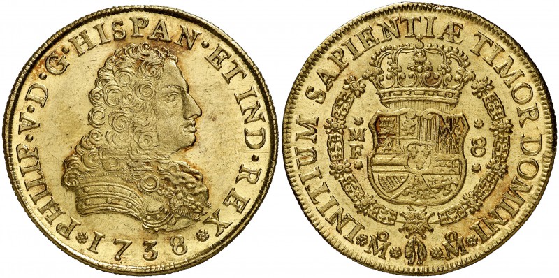 1738. Felipe V. México. MF. 8 escudos. (Cal. 132) (Cal.Onza 434). 27,06 g. Bellí...