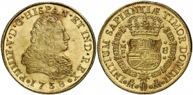 1738. Felipe V. México. MF. 8 escudos. (Cal. 132) (Cal.Onza 434). 27,06 g. Bellísima. Brillo original. Muy rara así. S/C.