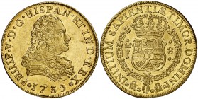 1739. Felipe V. México. MF. 8 escudos. (Cal. 133) (Cal.Onza 435). 27,01 g. Muy bella. Brillo original. Muy rara así. EBC+/S/C-.