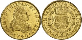 1740/30. Felipe V. México. MF. 8 escudos. (Cal. 134 var) (Cal.Onza falta). 27,03 g. Bella. Rara. EBC+.