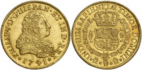 1741. Felipe V. México. MF. 8 escudos. (Cal. 135) (Cal.Onza 437). 26,94 g. Rayitas en reverso. Bonito color. Rara. EBC/EBC+.